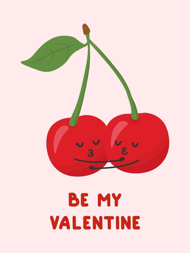 Two cute cherries falling in love. Love and Valentine's Day concept. Be my valentine. vector
