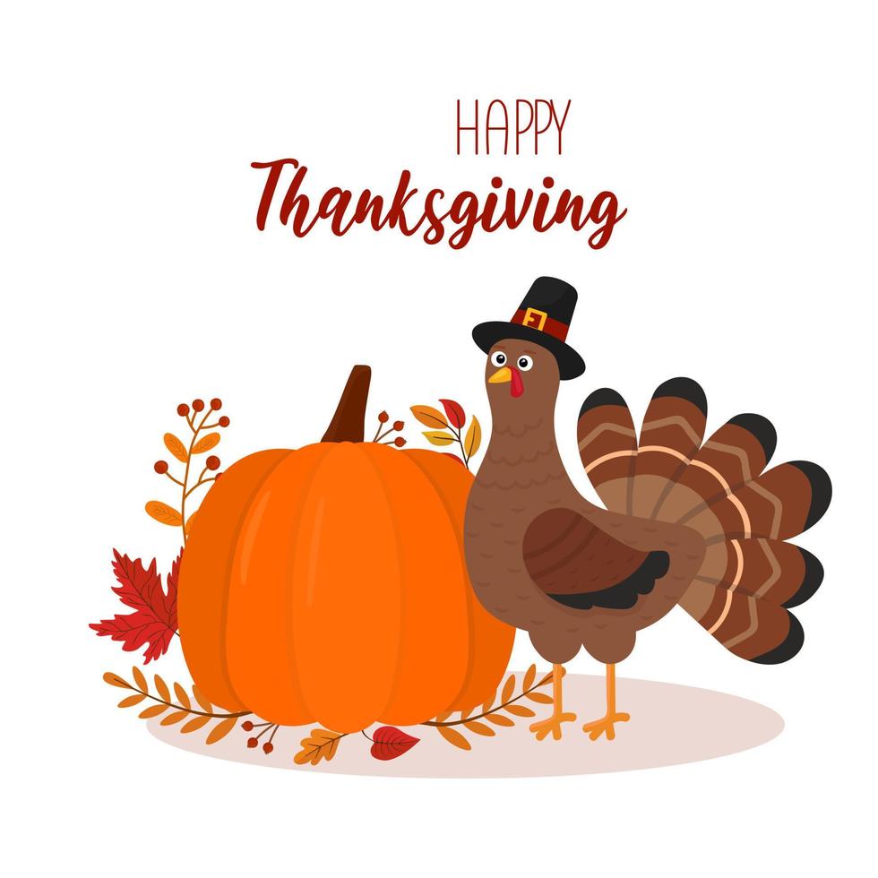 tarjeta de felicitación con pavo y calabaza. Feliz día de acción de gracias. ilustración vectorial vector