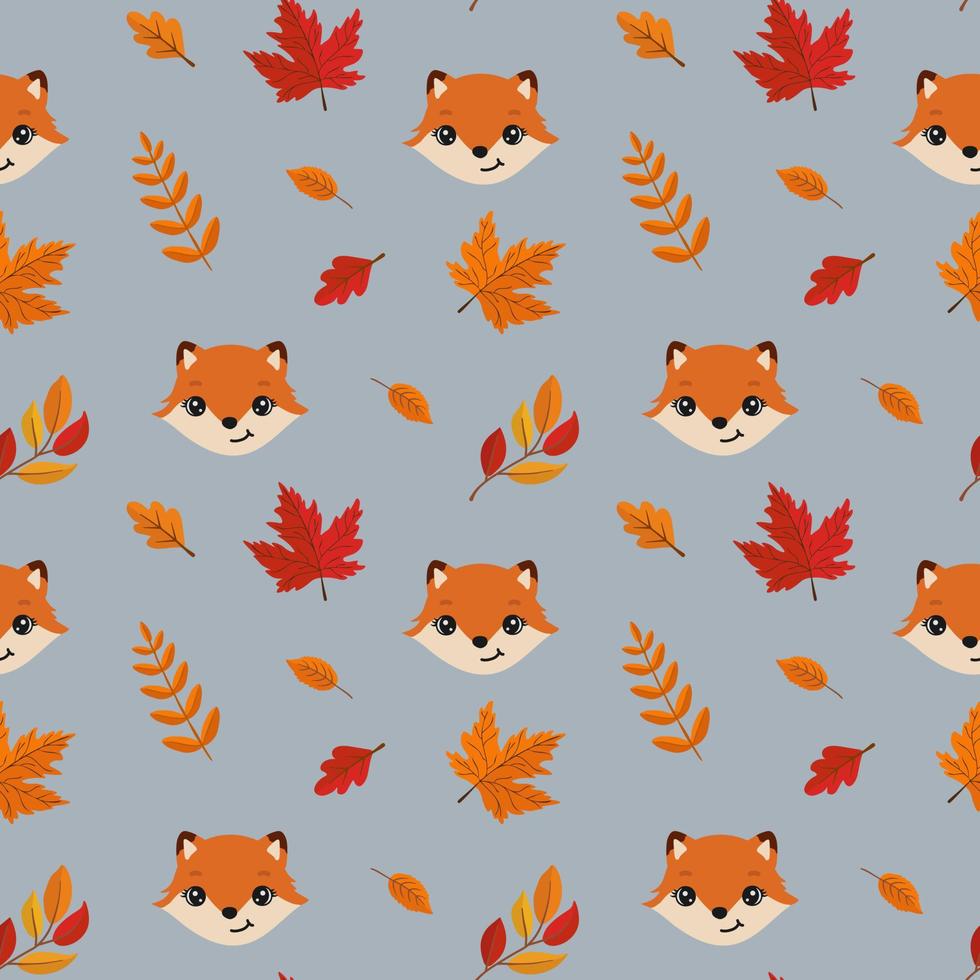 Autumn seamless pattern with cute fox and leaves. Baby texture for fabric, wrapping, textile, wallpaper, clothing. Funny little fox. vector