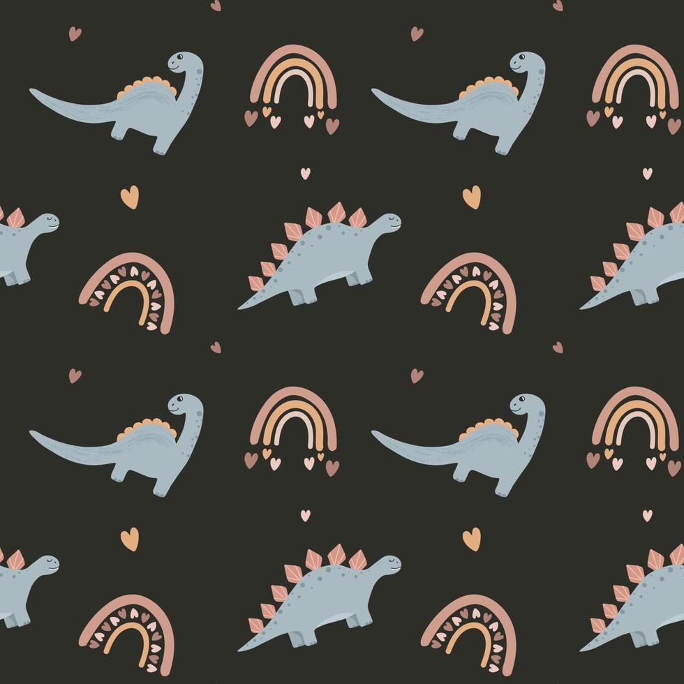 Seamless vector pattern with dinosaur, hearts and rainbows. Baby background for wrapping paper,  greeting cards, design.