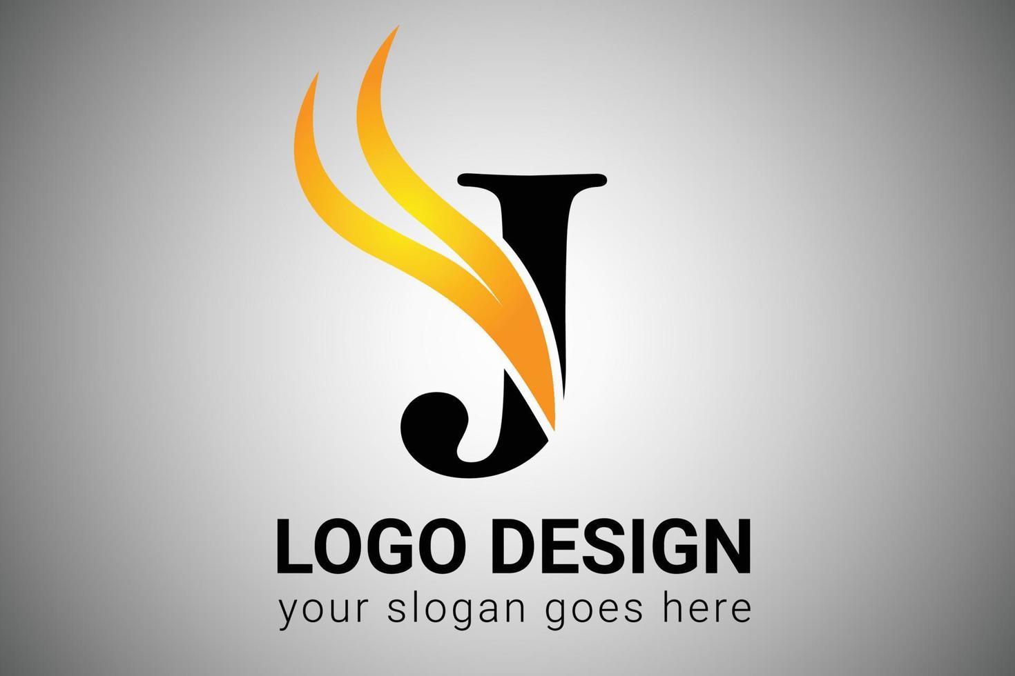 Letter J logo design with yellow and orange elegant minimalist wing. Creative J letter Swoosh Icon Vector Illustration. J Letter Logo Design with Fire Flames and Orange Swoosh Vector Illustration.