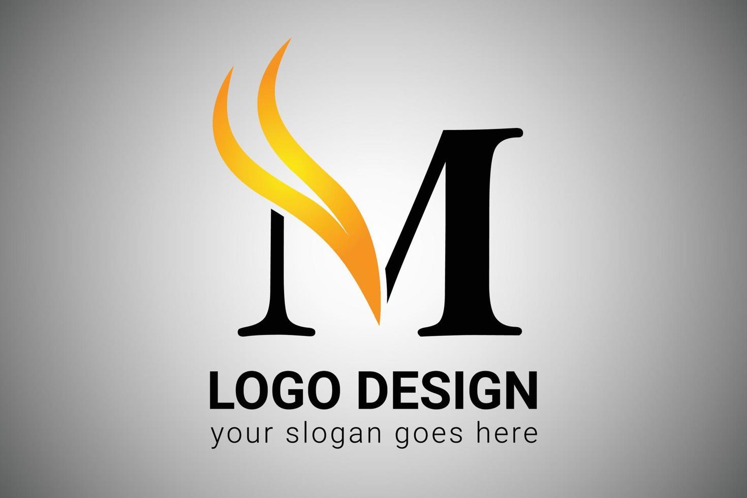 Letter M logo design with yellow and orange Elegant Minimalist Wing. Creative M letter Swoosh Icon Vector Illustration. M Letter Logo Design with Fire Flames and Orange Swoosh Vector Illustration.