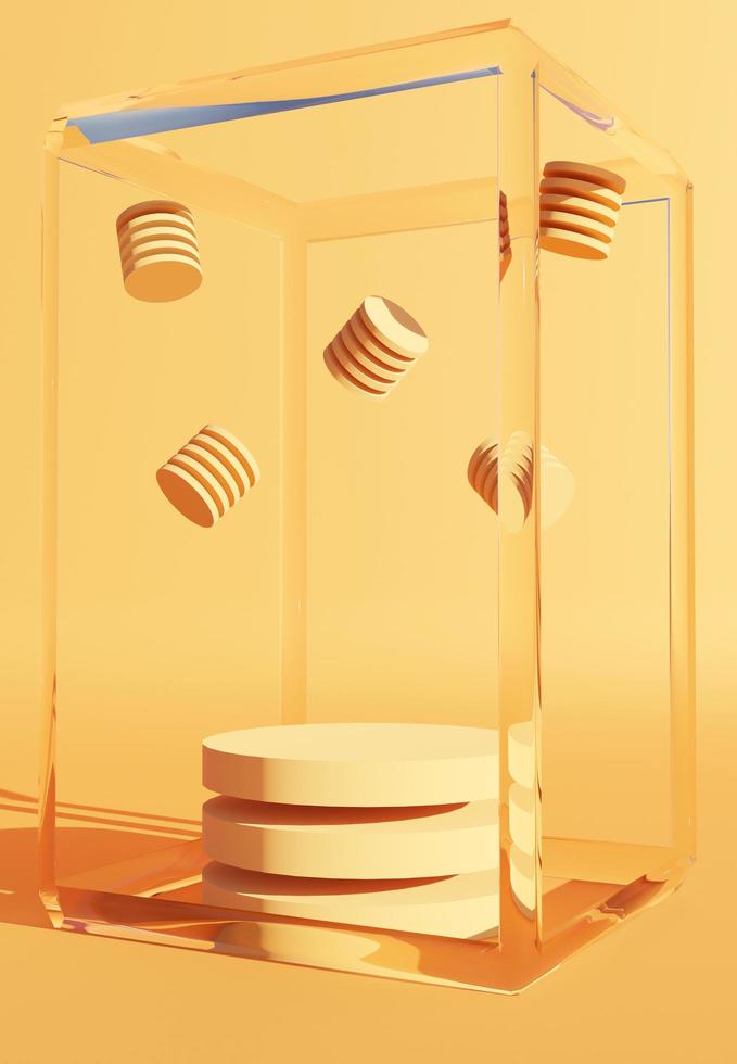 Abstract podium in glass frame on yellow background. Stand to show products. Pedestal in vertical display. Yellow backdrop for smartphone. 3D rendering. photo