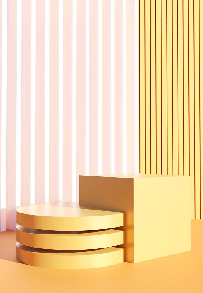 Abstract two podiums on yellow background. Stand to show products. Yellow pedestals in vertical display. Minimal backdrop for smartphone. 3D rendering. photo