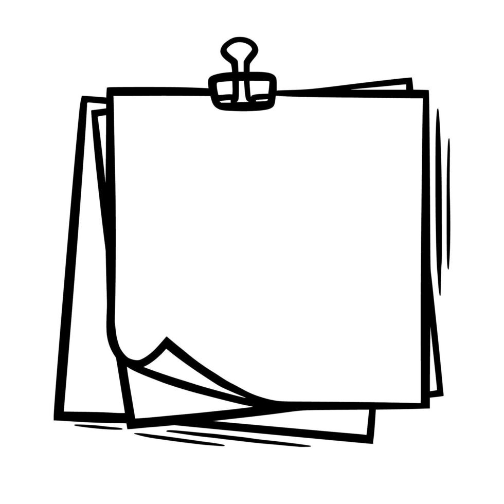 Doodle paper with paperclip and bent corner. Empty sheets with clip for memos and labels. Doodle vector illustration