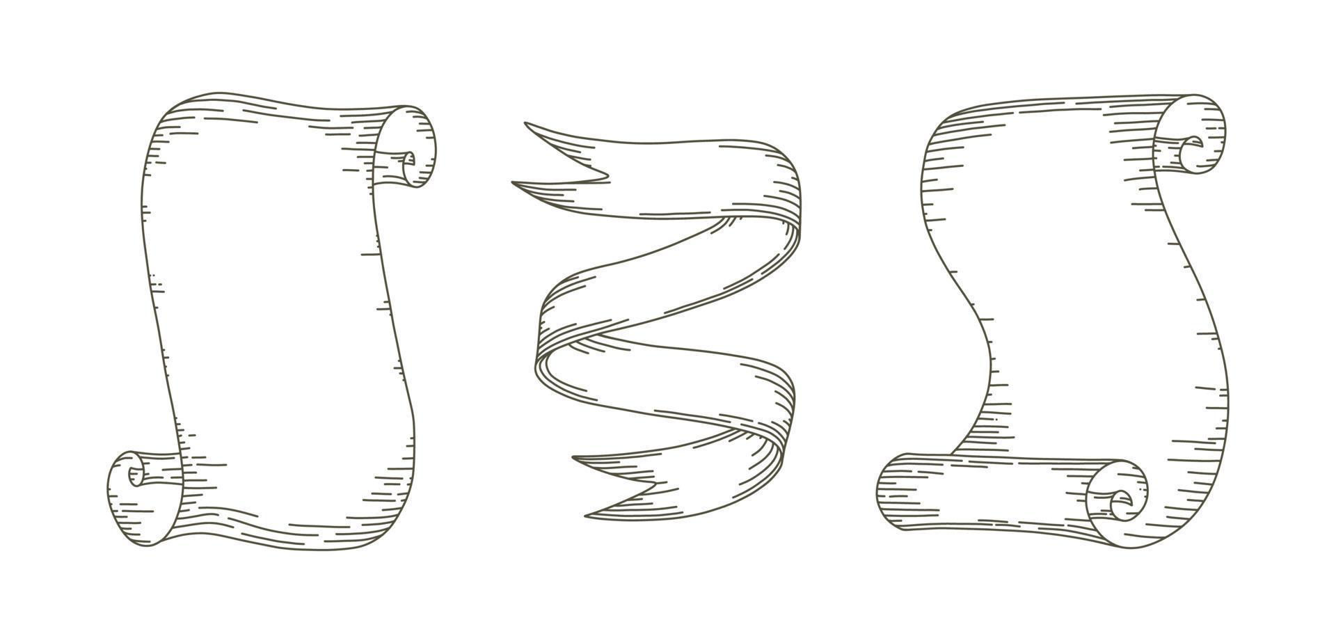 Parchment scrolls and sripes. Set of paper parchments and ribbon