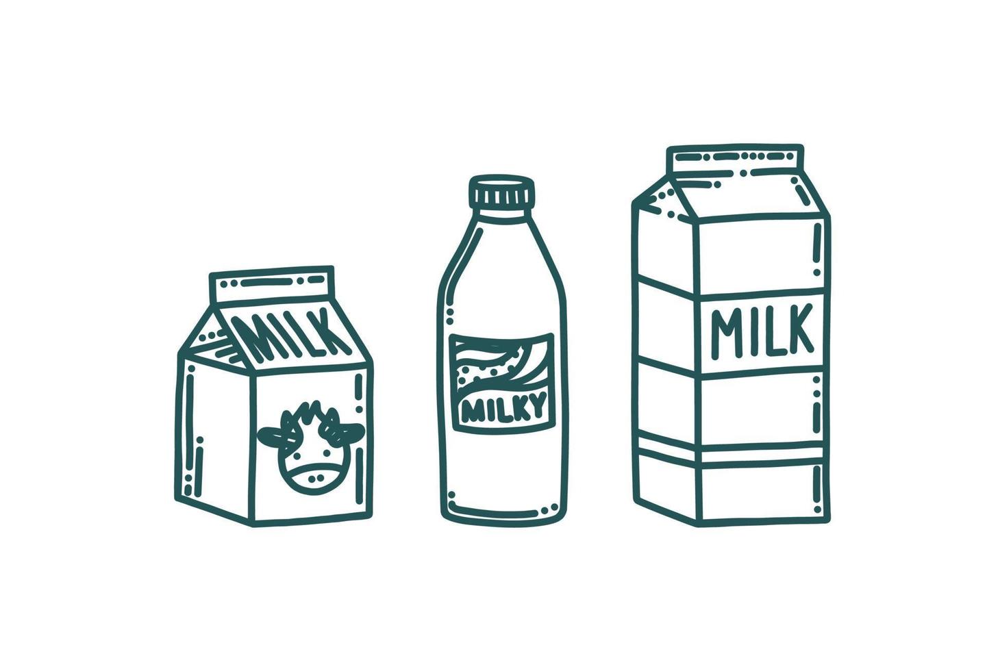 Milk packages in doodle style. Milk bottle and boxes isolated in white background. Vector illustration