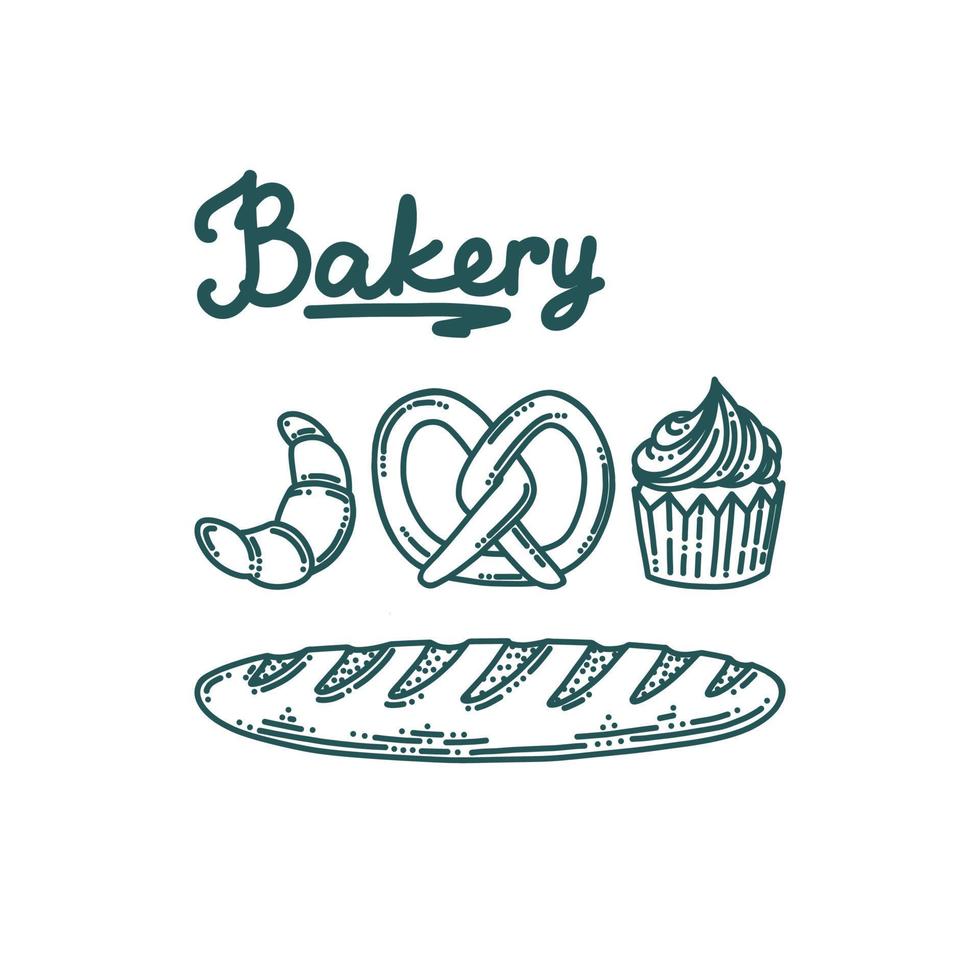 Bakery doodle set with French baguette bread, cupcake, pretzel and croissant. Set of bakery desserts. Doodle vector illustration