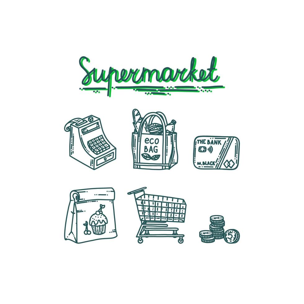 Supermarket symbols with register, trolley, eco bag and credit card. Icons of shopping essentials. Vector illustration