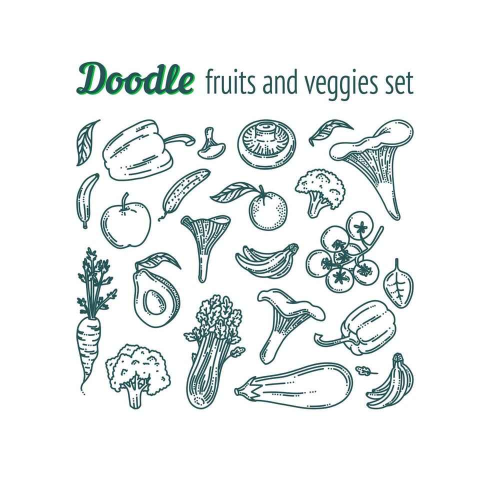 Fruits and vegetables doodle set. Food collection with avocado, mushrooms, eggplant, carrot, apple, orange and other vegitarian supermarket products. Vector illustration