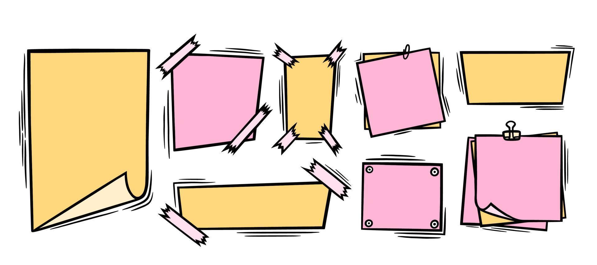 hojas de papel de fideos con clip, cinta adhesiva y alfileres. páginas de papel en blanco rosas y amarillas para notas y mensajes. ilustración de vector de garabato coloreado