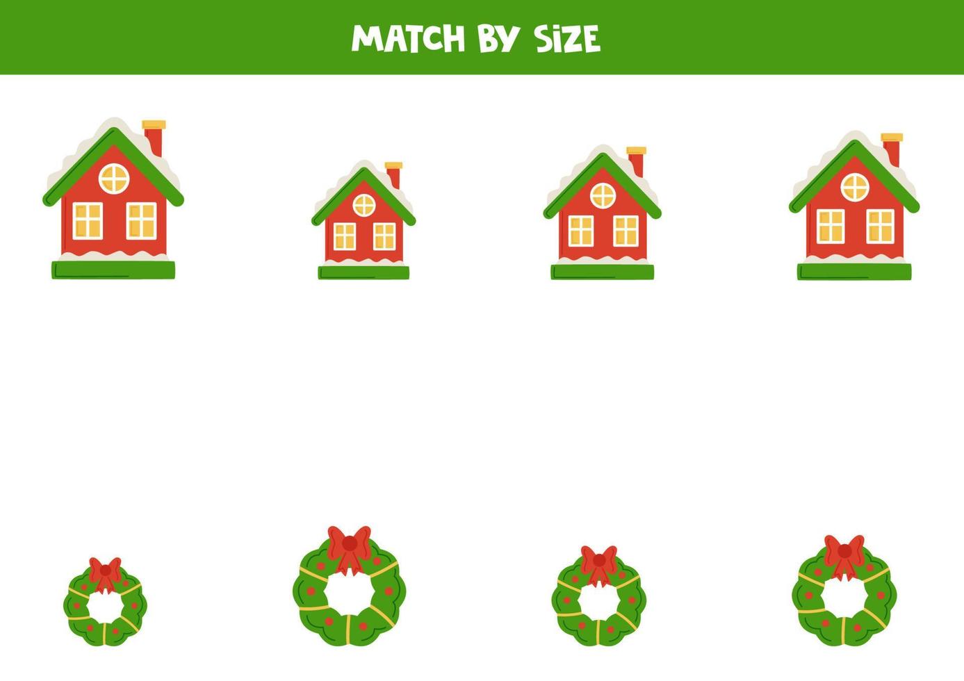 Matching game for preschool kids. Match winter houses and wreaths by size. vector