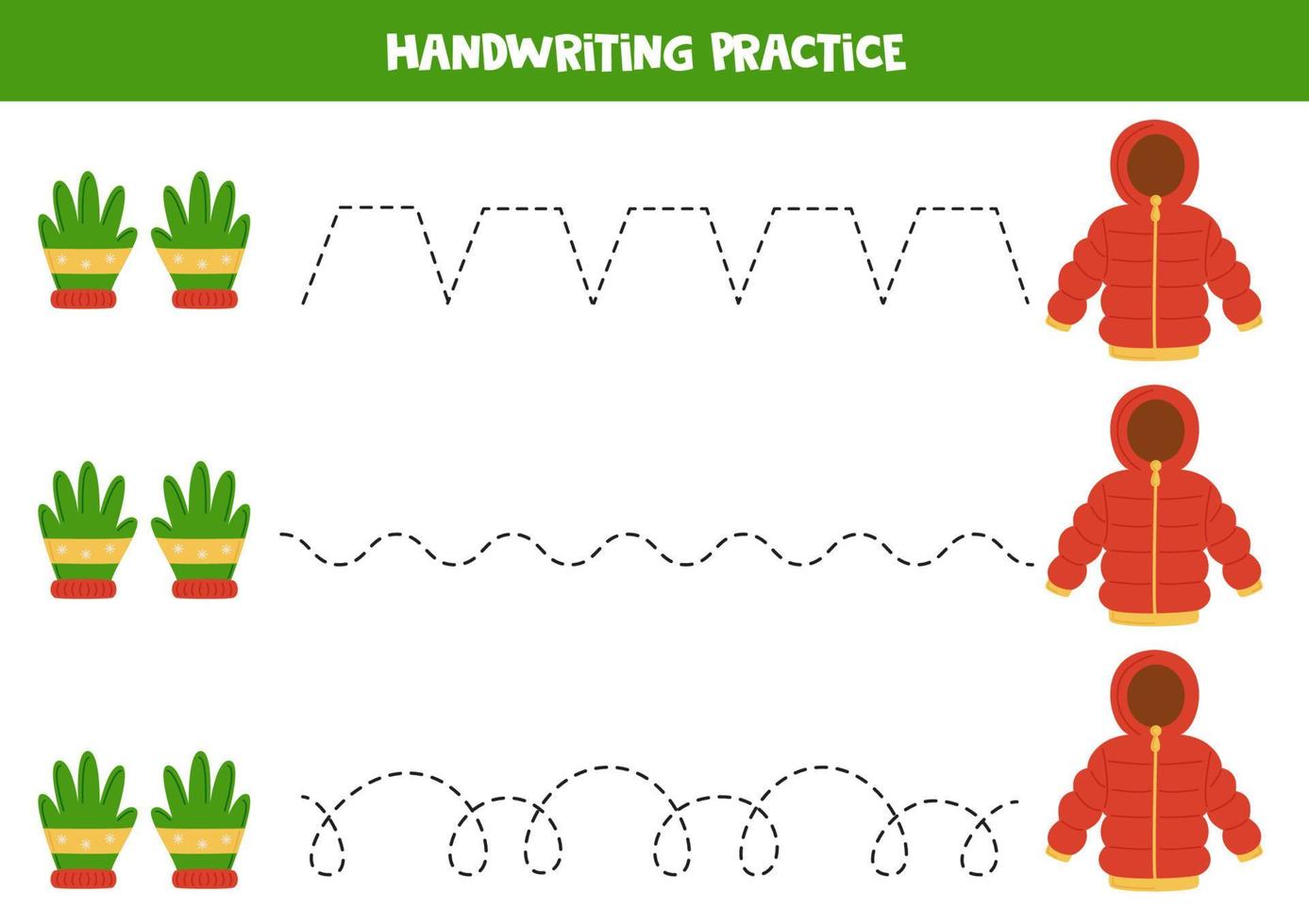 Tracing lines for kids. winter jacket and gloves. Writing practice. vector