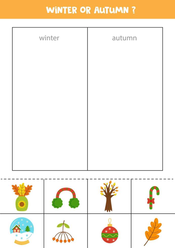 Sorting cards into autumn or winter. Logical game for children. vector