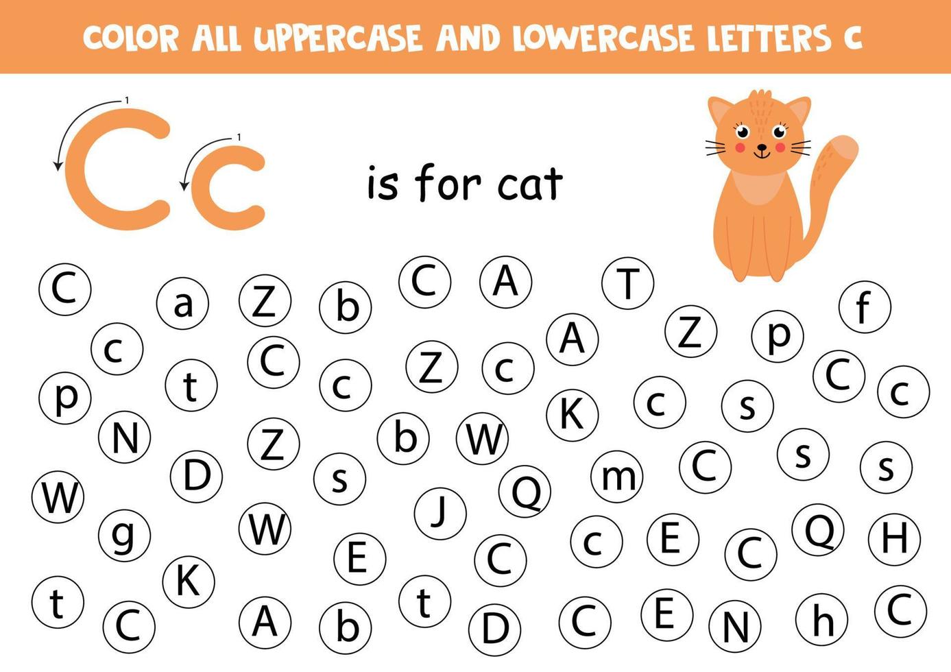 Find and color all letters C. Educational worksheet for learning alphabet. vector