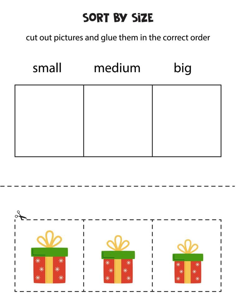 ordenar los regalos de navidad por tamaño. hoja de trabajo educativa para niños. vector