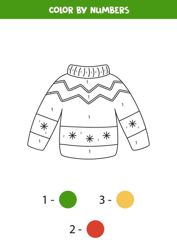 Color ugly Christmas sweater by numbers. Worksheet for kids. vector