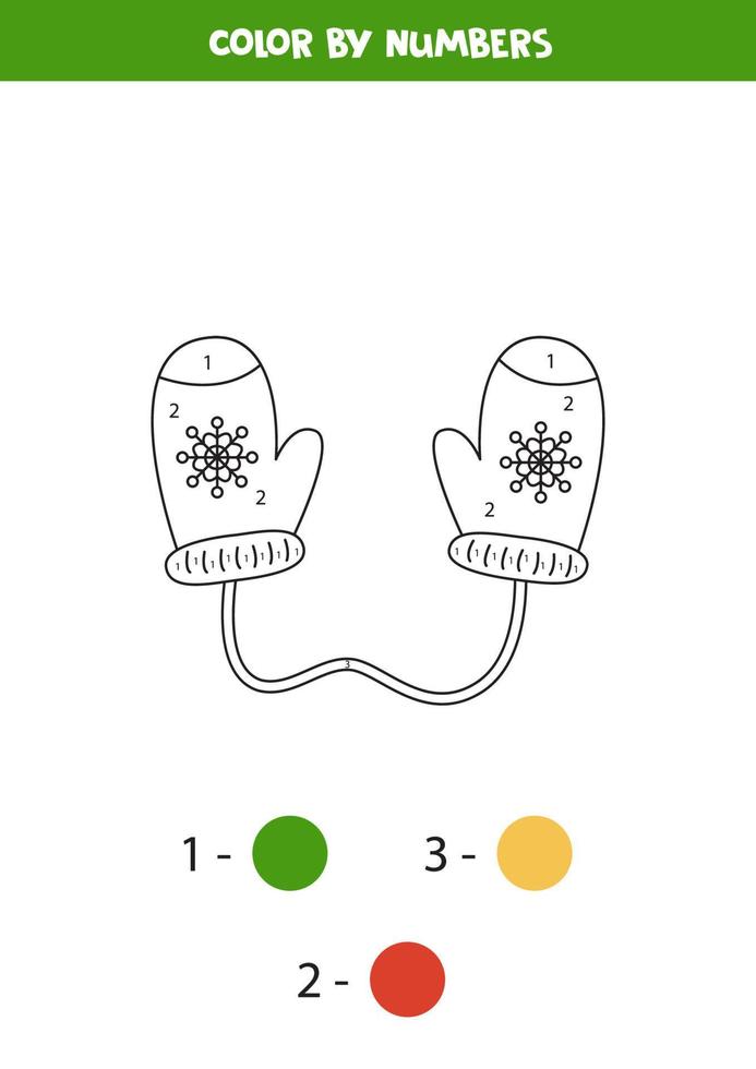 Color winter mittens by numbers. Worksheet for kids. vector