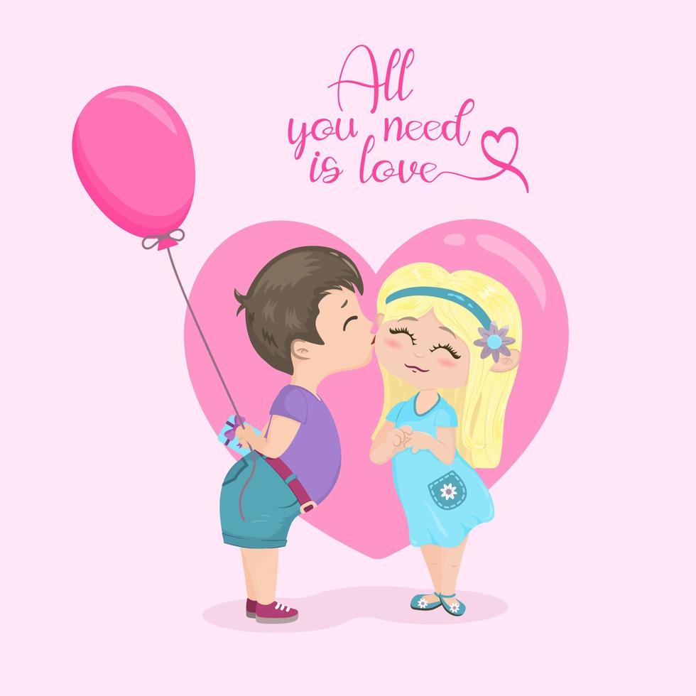 Cartoon little boy with a balloon and a gift kisses a blonde girl. Illustration for a postcard, posters, gift boxes and seasonal design on a pink background with a heart. vector