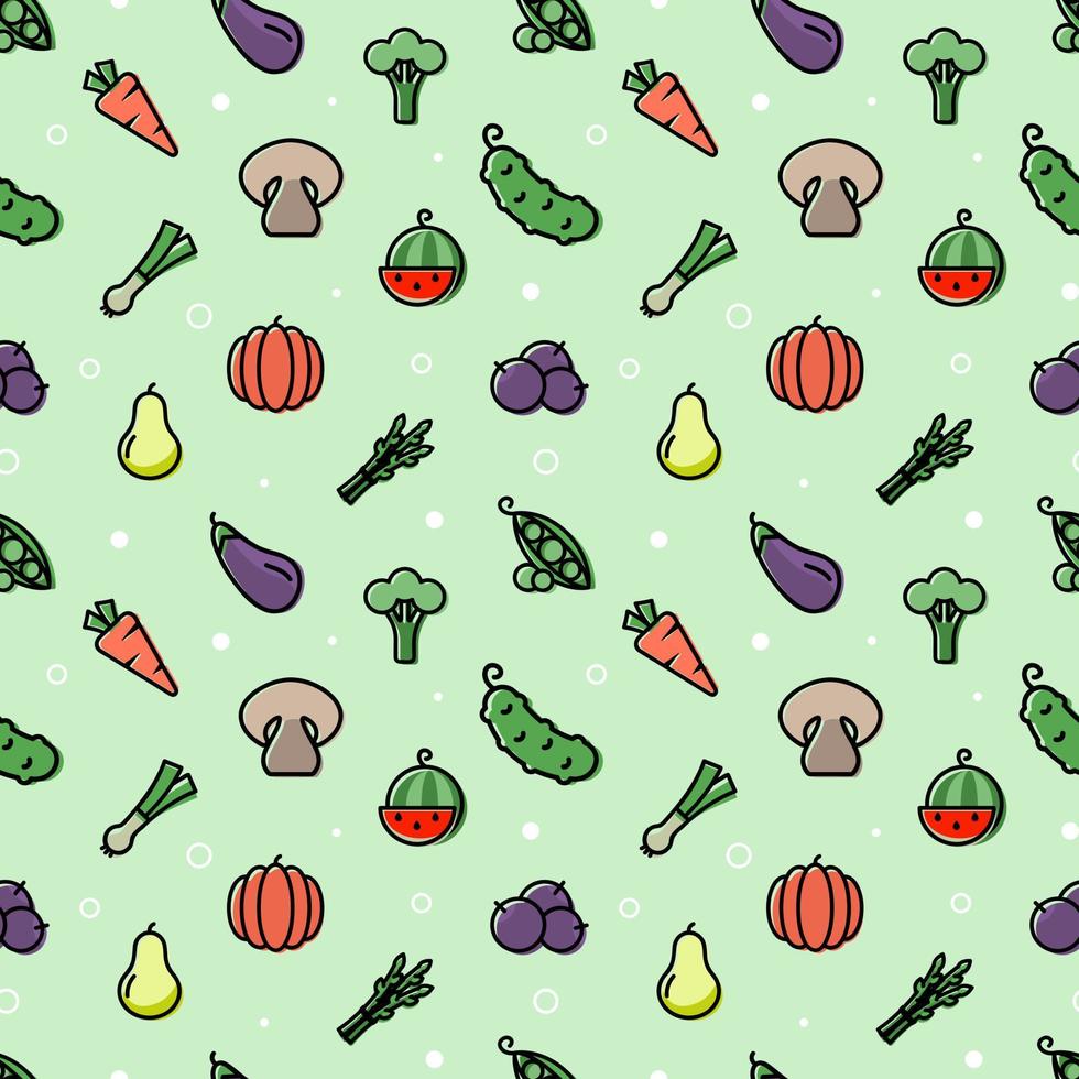 Seamless pattern with healthy food. Eggplant, carrot, broccoli, green pea, mushroom, onion, pumpkin, watermelon, asparagus, pear, blueberry vector