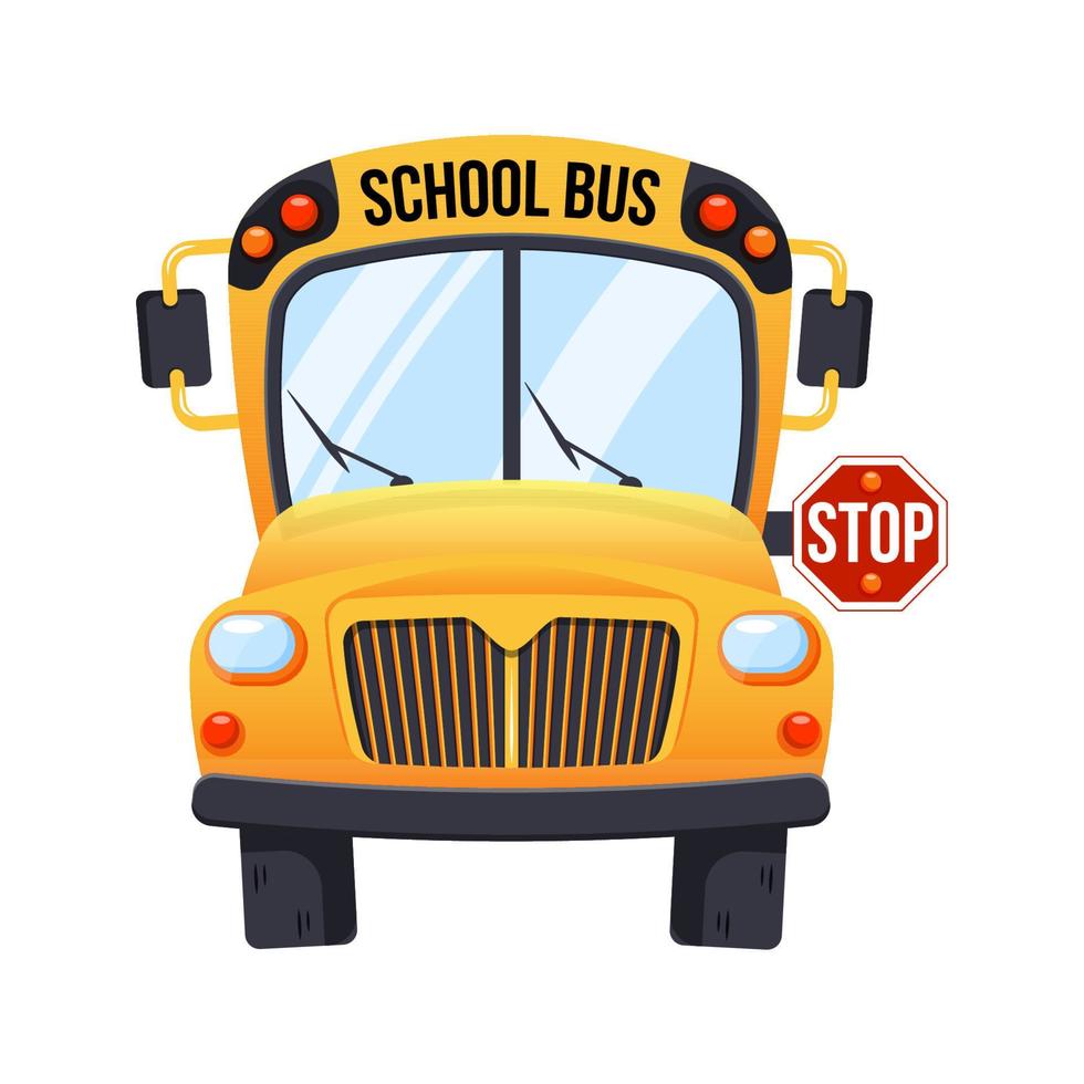 Yellow school bus isolated on white background, cartoon design icon back to school concept with stop sign vector