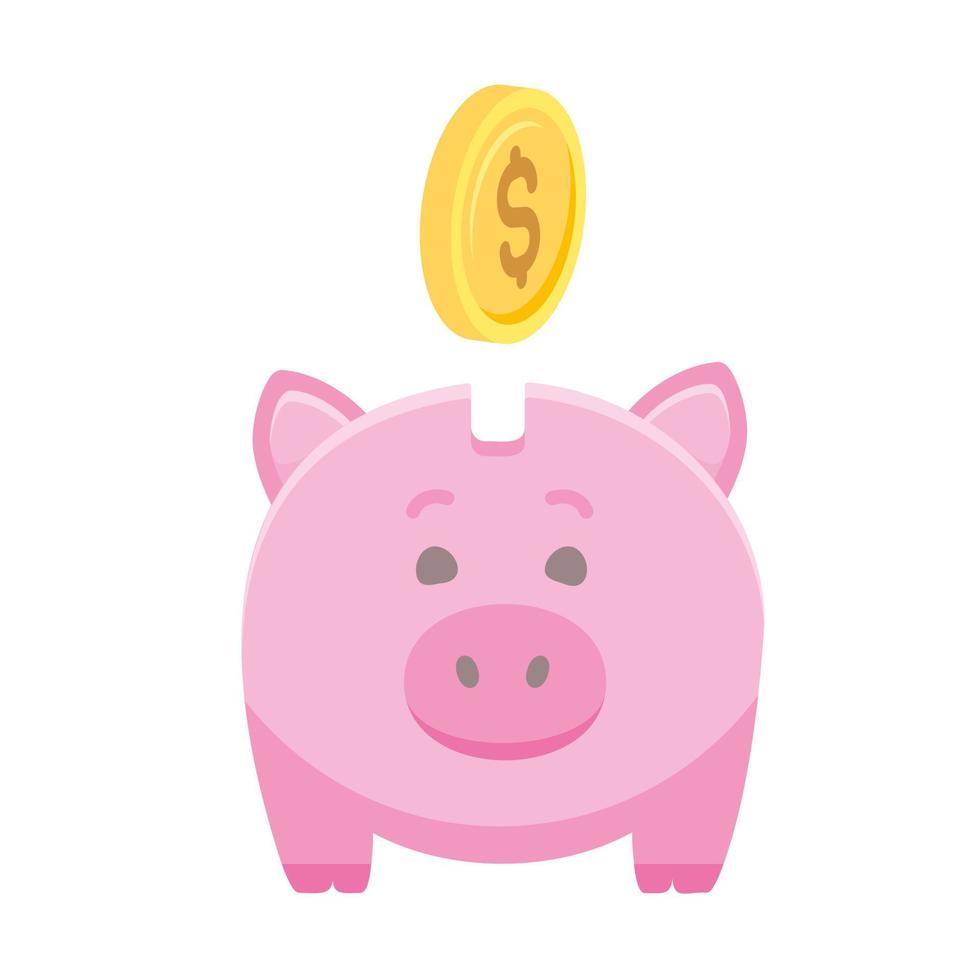 Pink Piggy bank in a flat style, isolated with coin vector illustration. Icon saving or accumulation of money, investment. The concept of banking or business services.