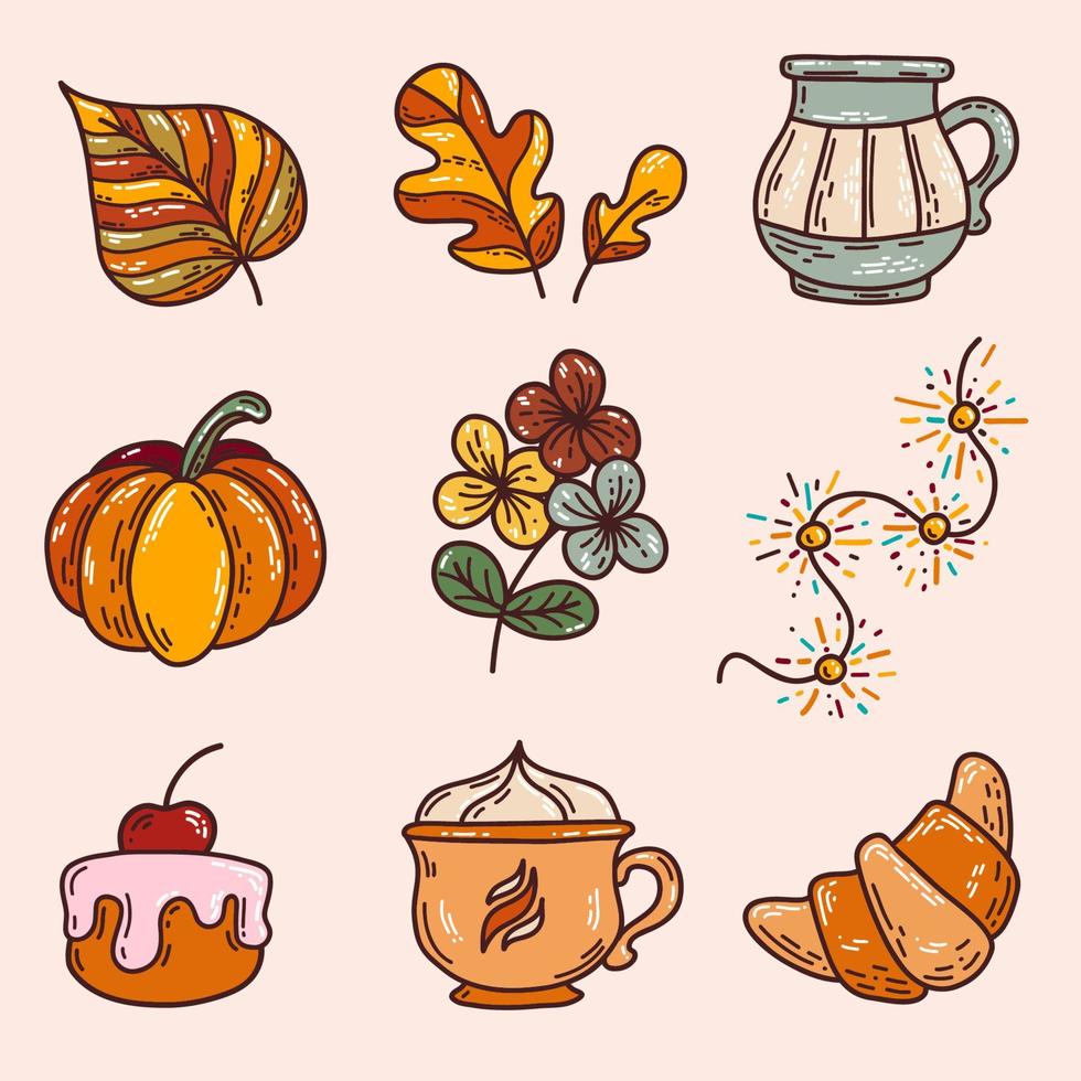 juego de otoño de fideos dibujados a mano. ilustración vectorial colección de símbolos de otoño. dibujos animados de varios elementos estacionales garland, calabaza, croissant, hojas, café, decantador, cupcake. vector