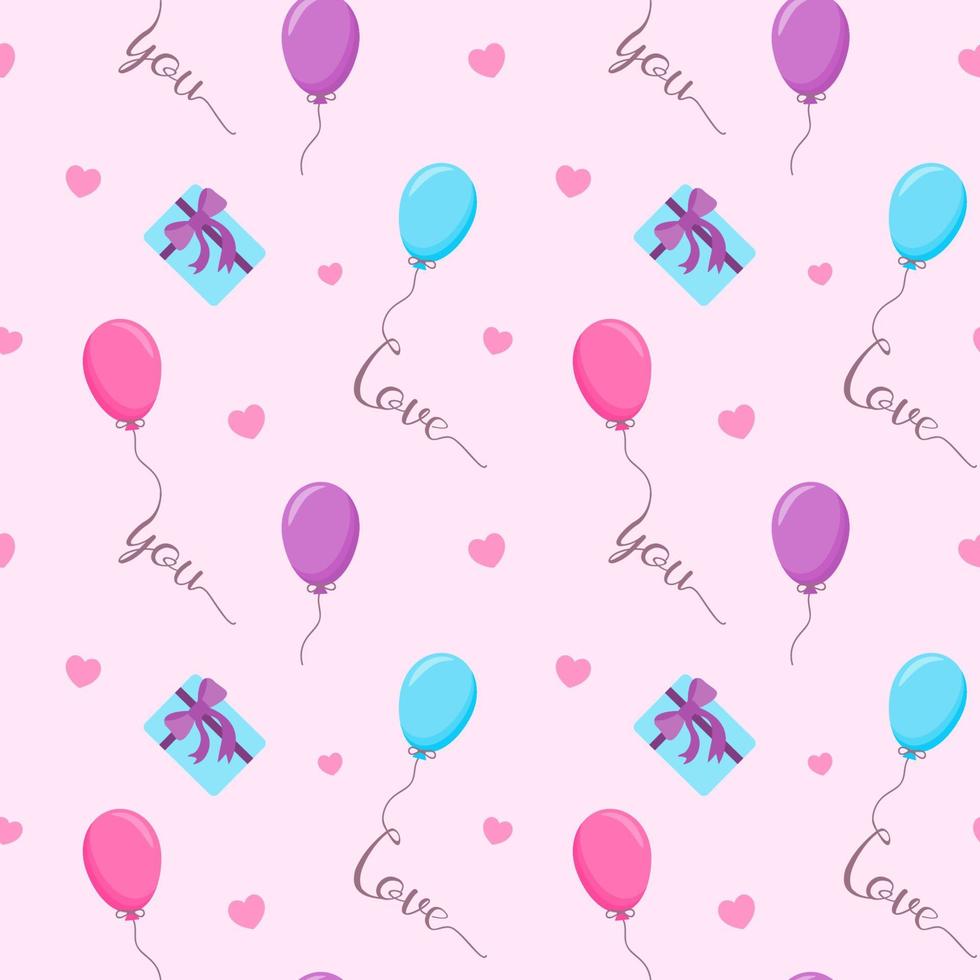 Seamless pattern with balloons, hearts and a gift on a pink background with sign Love You. Vector illustration for gift wrap, case design.