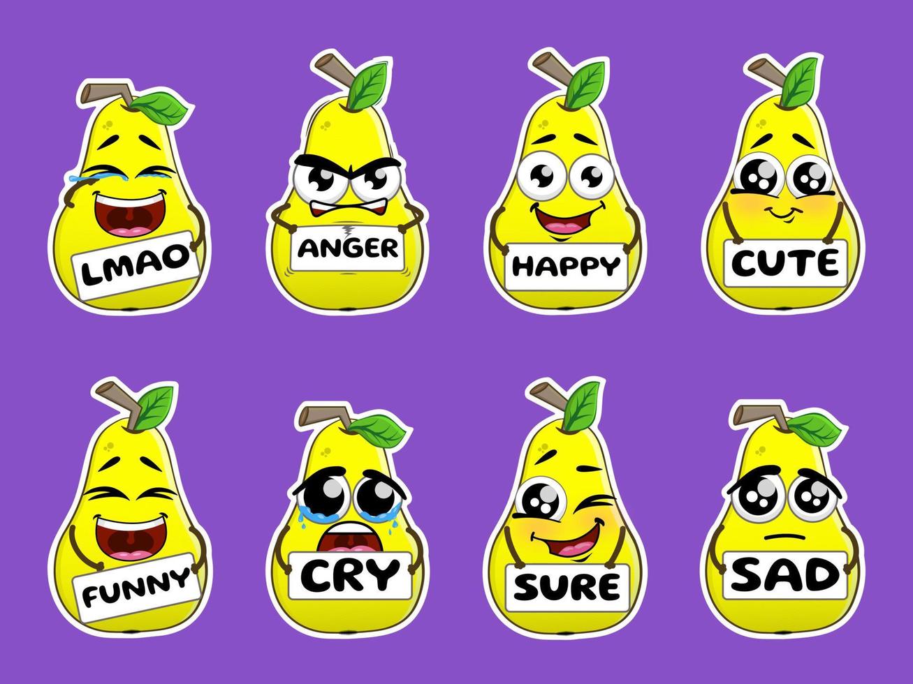 Set of cute funny yellow pear character with different emotions. Vector illustration, stickers in cartoon style.