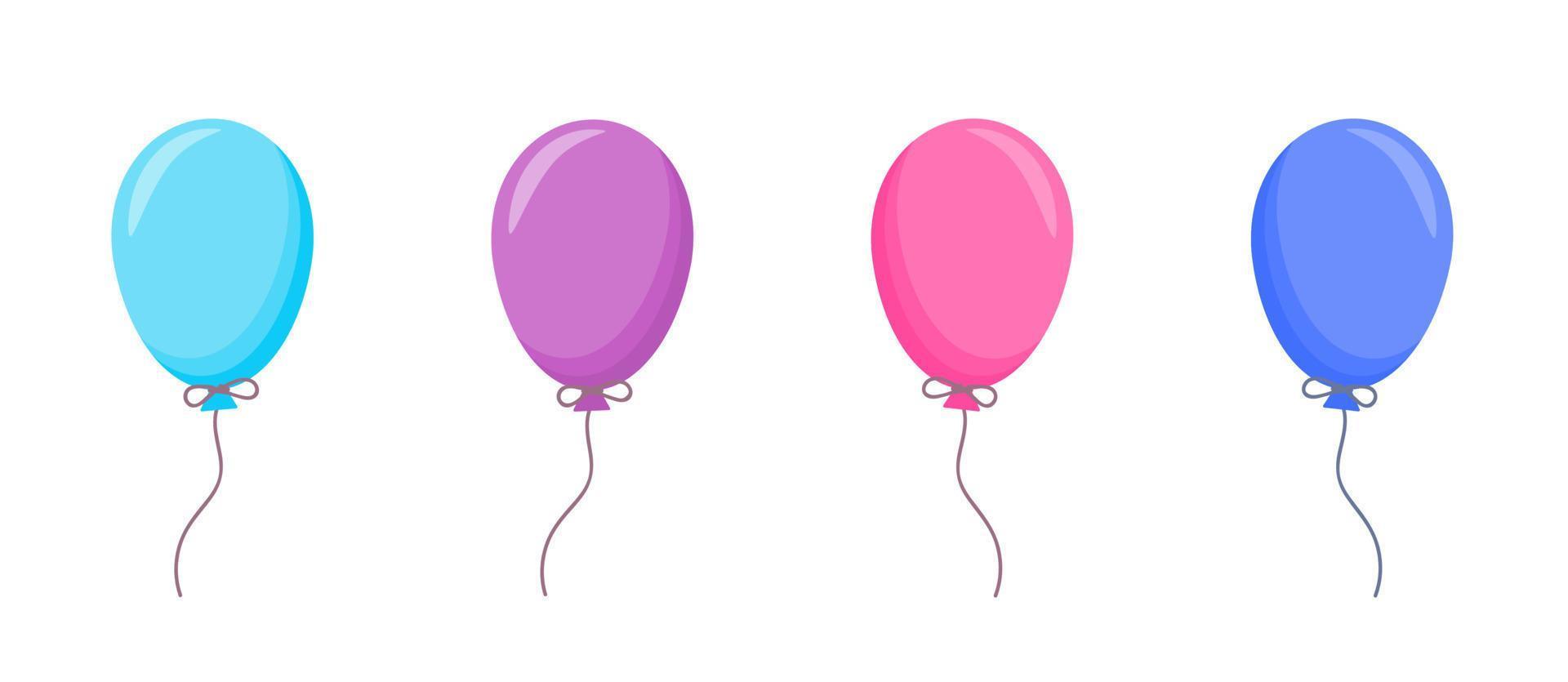 globos en estilo de dibujos animados. manojo de globos para cumpleaños y fiesta. globo volador con cuerda. bola azul, rosa y violeta aislada sobre fondo blanco. icono plano para celebrar y carnaval. vector