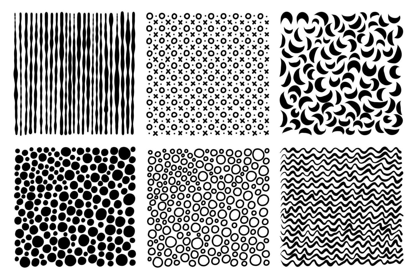 Abstract hand drawn geometric simple minimalistic patterns set. Lines, circles, tic-tac-toe, waves, half moon, random symbols textures. Vector illustration