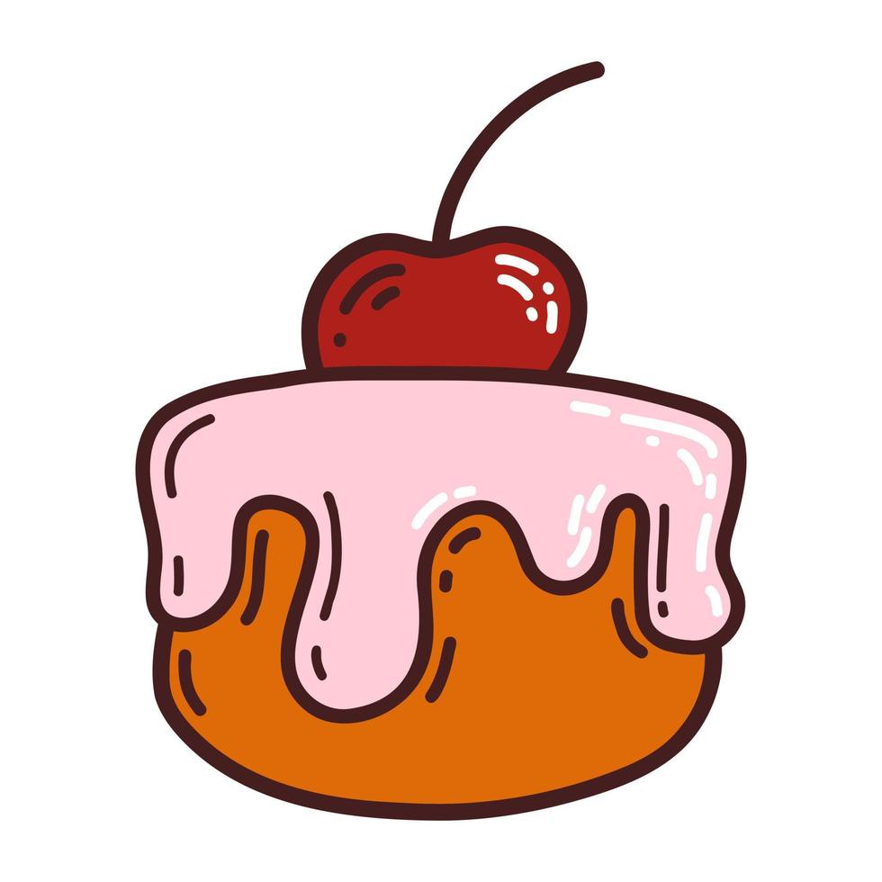 Cute appetizing sweet cherry cake in doodle style with hatching on white background, a hand drawn vector doodle illustration