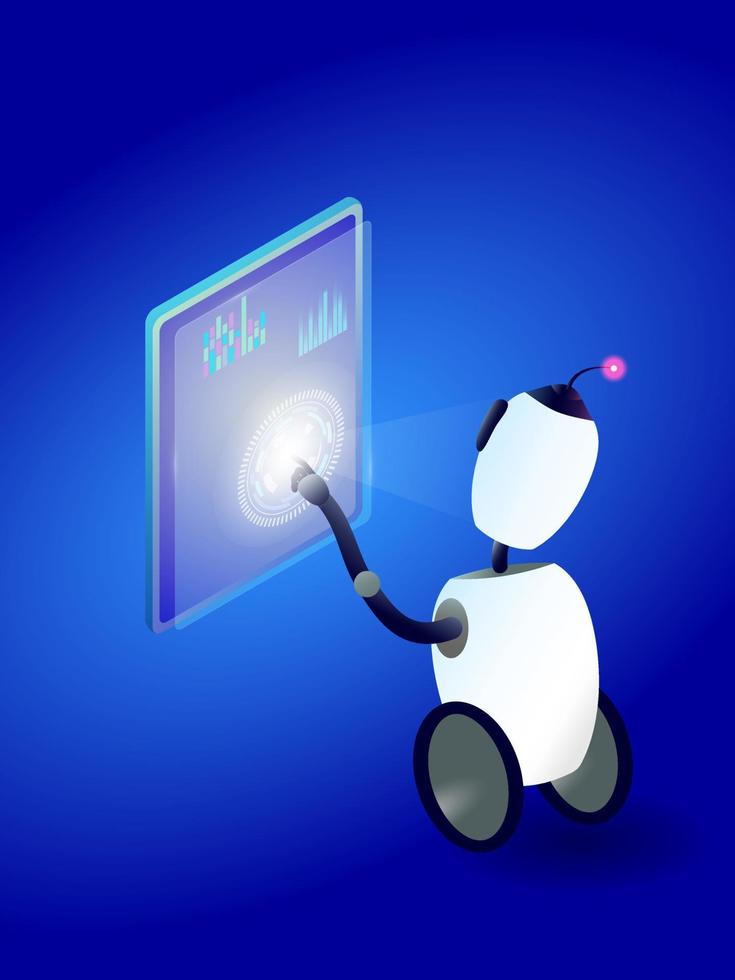 The robot clicks on the tablet. Robots Communication and artificial intelligence concept
