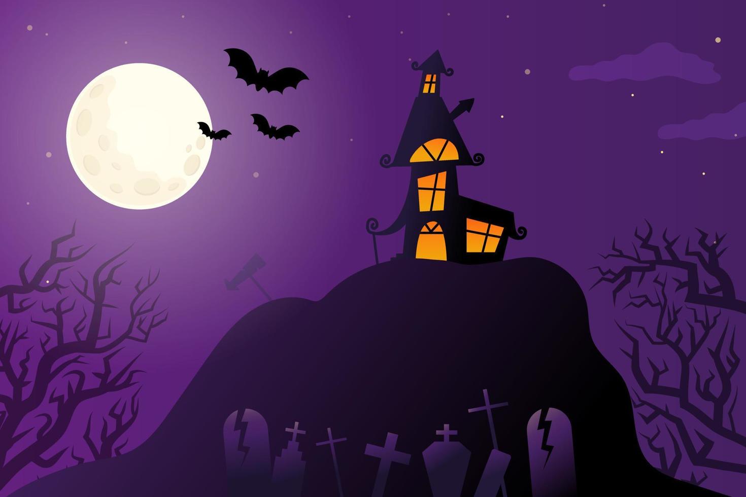 ilustración de fondo morado con murciélagos, casa embrujada y cementerio, festival de halloween, luna llena en la noche oscura vector