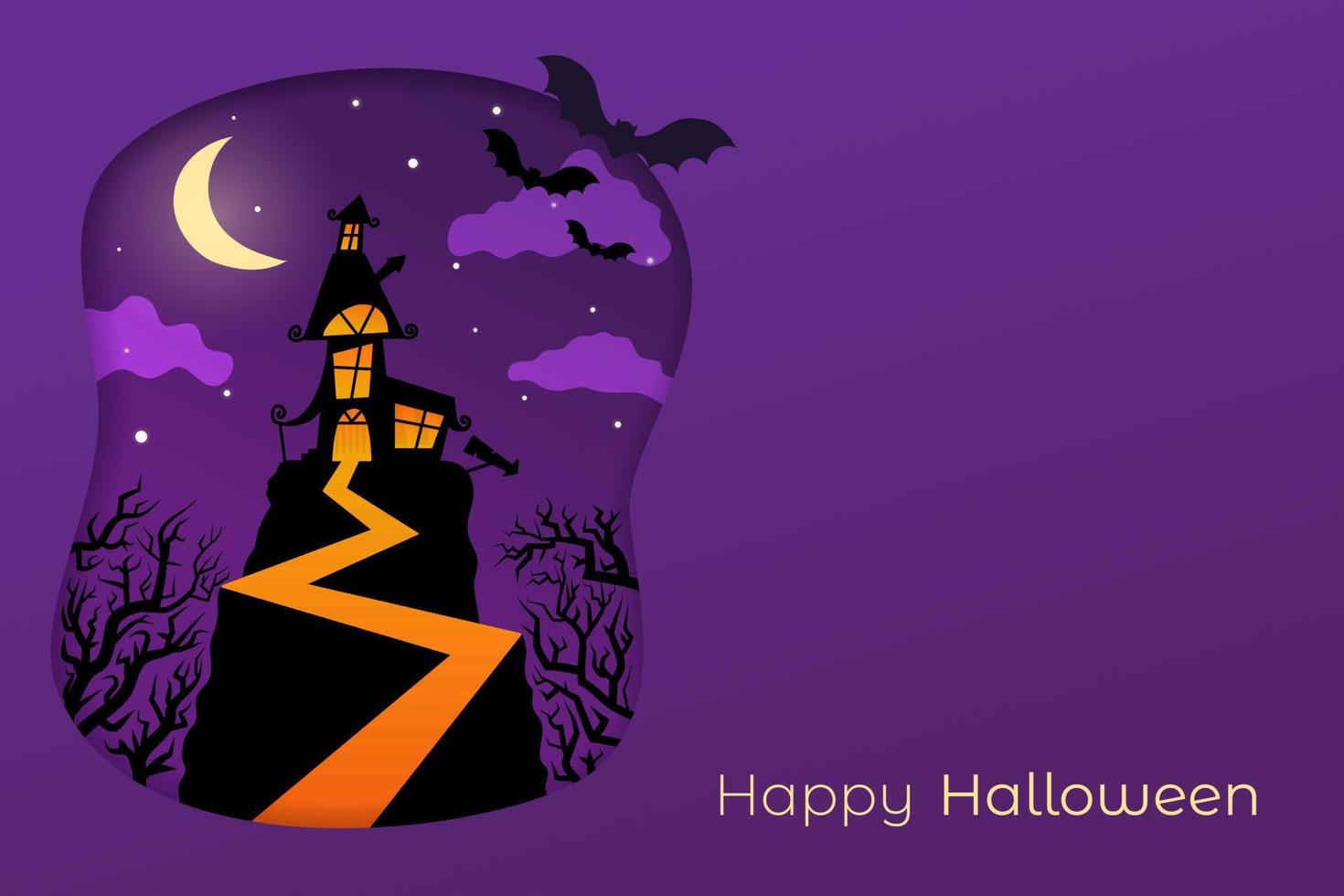 ilustración fondo morado con murciélagos y casa embrujada, feliz halloween, luna brillante en la noche oscura. ilustración para postal, saludo o invitación vector