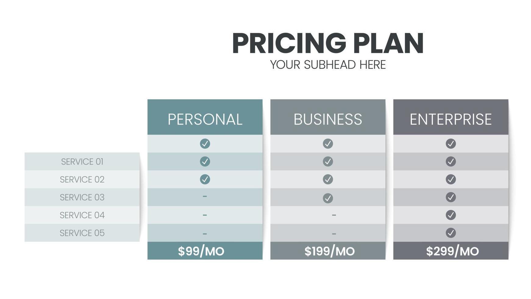 plantilla de tabla de plan de suscripción de precios creativos modernos con estilo de icono de línea mínimo. elementos de diseño de interfaz ui ux. elemento de diseño infográfico con planes de opción para sitio web o vector de presentación.