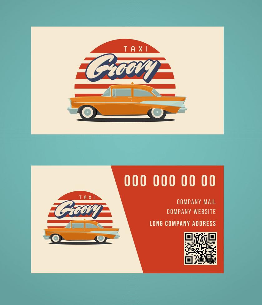 Classic yellow taxi in vintage style with red sun. Business card concept vector