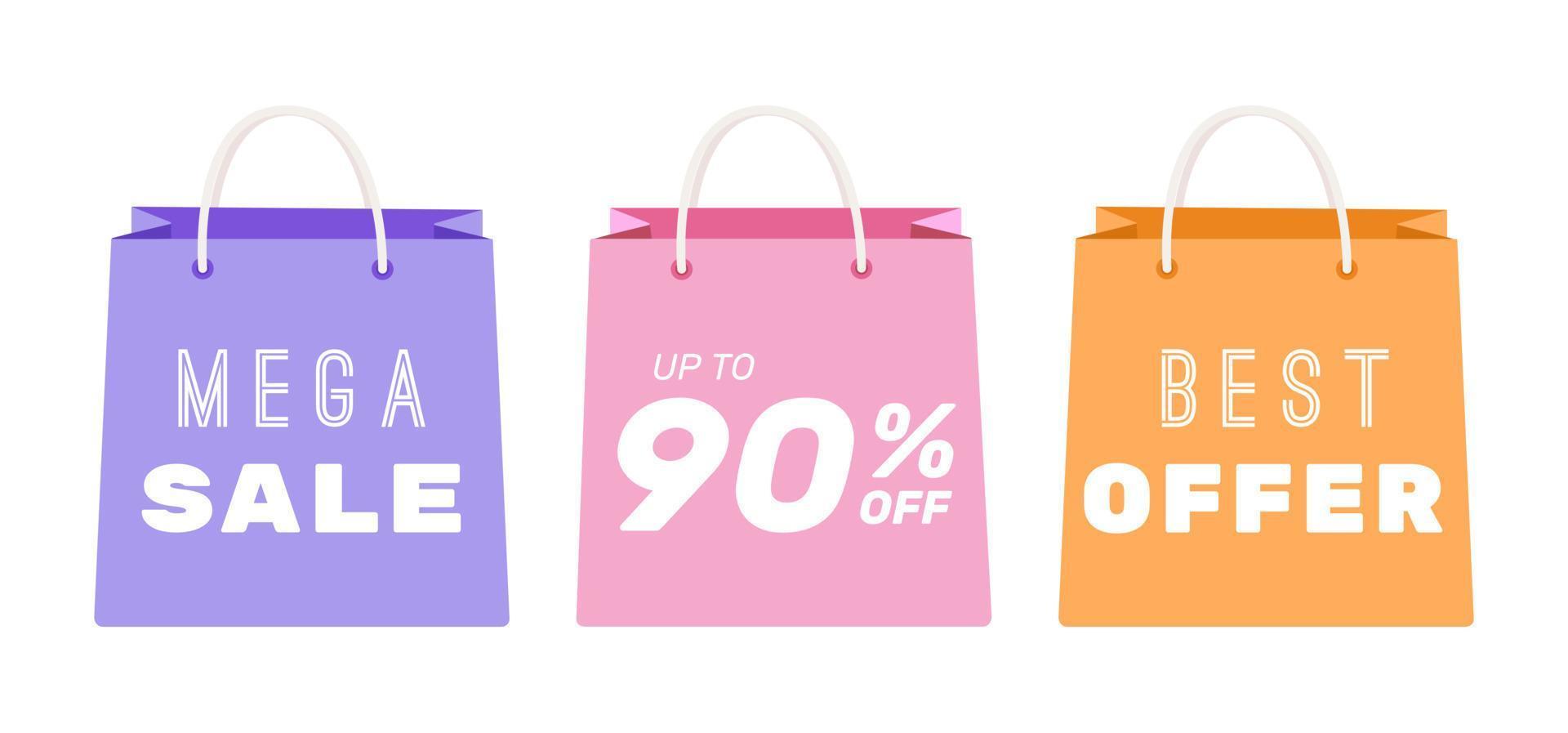 ilustración de tres bolsas de compras. Paquete de bolsa púrpura, rosa, naranja, amarillo aislado sobre fondo blanco. rebaja. mejor oferta vector