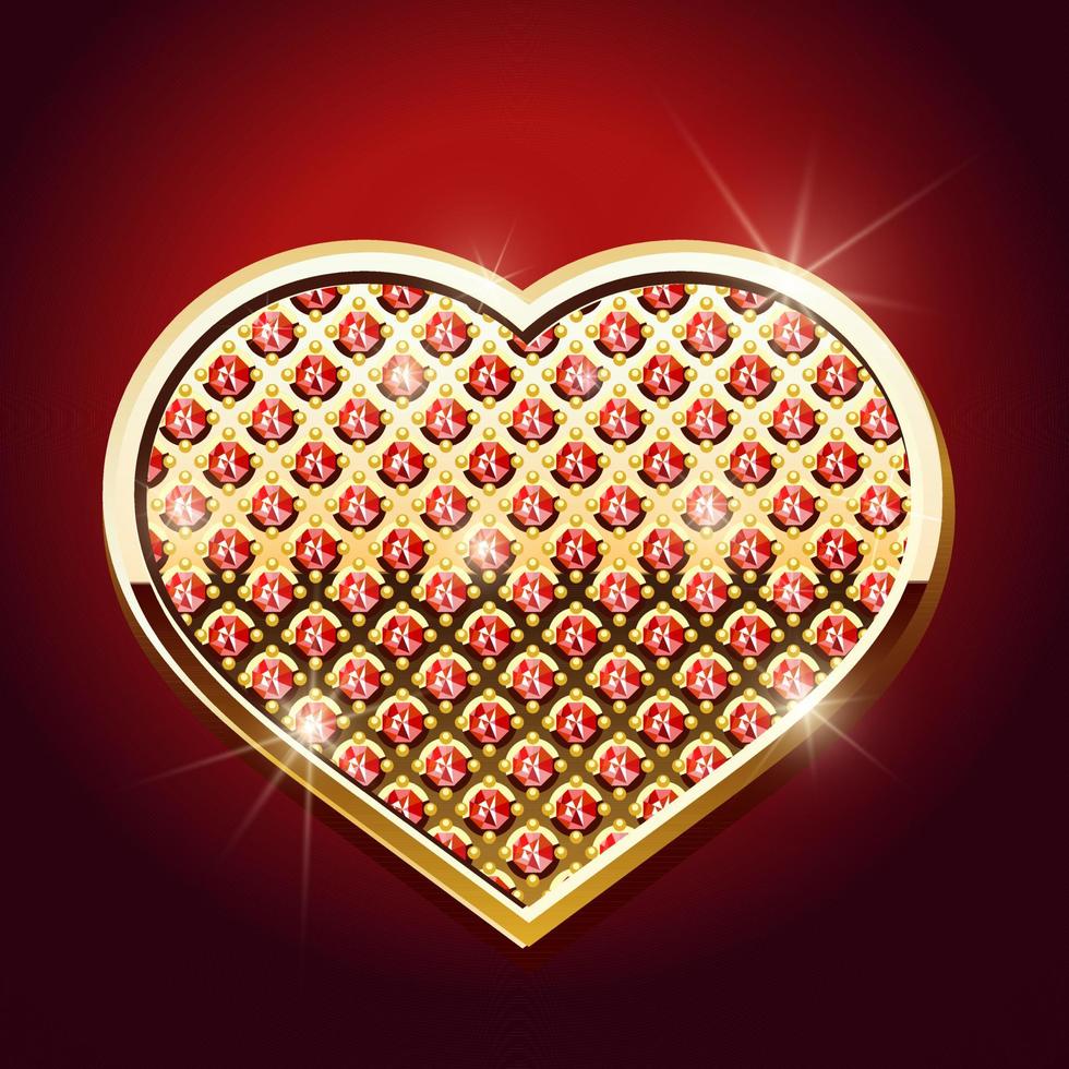 Beautiful gemstone red rubies and diamonds shining heart with gold on a dark background. Suit of hearts. Vector illustration
