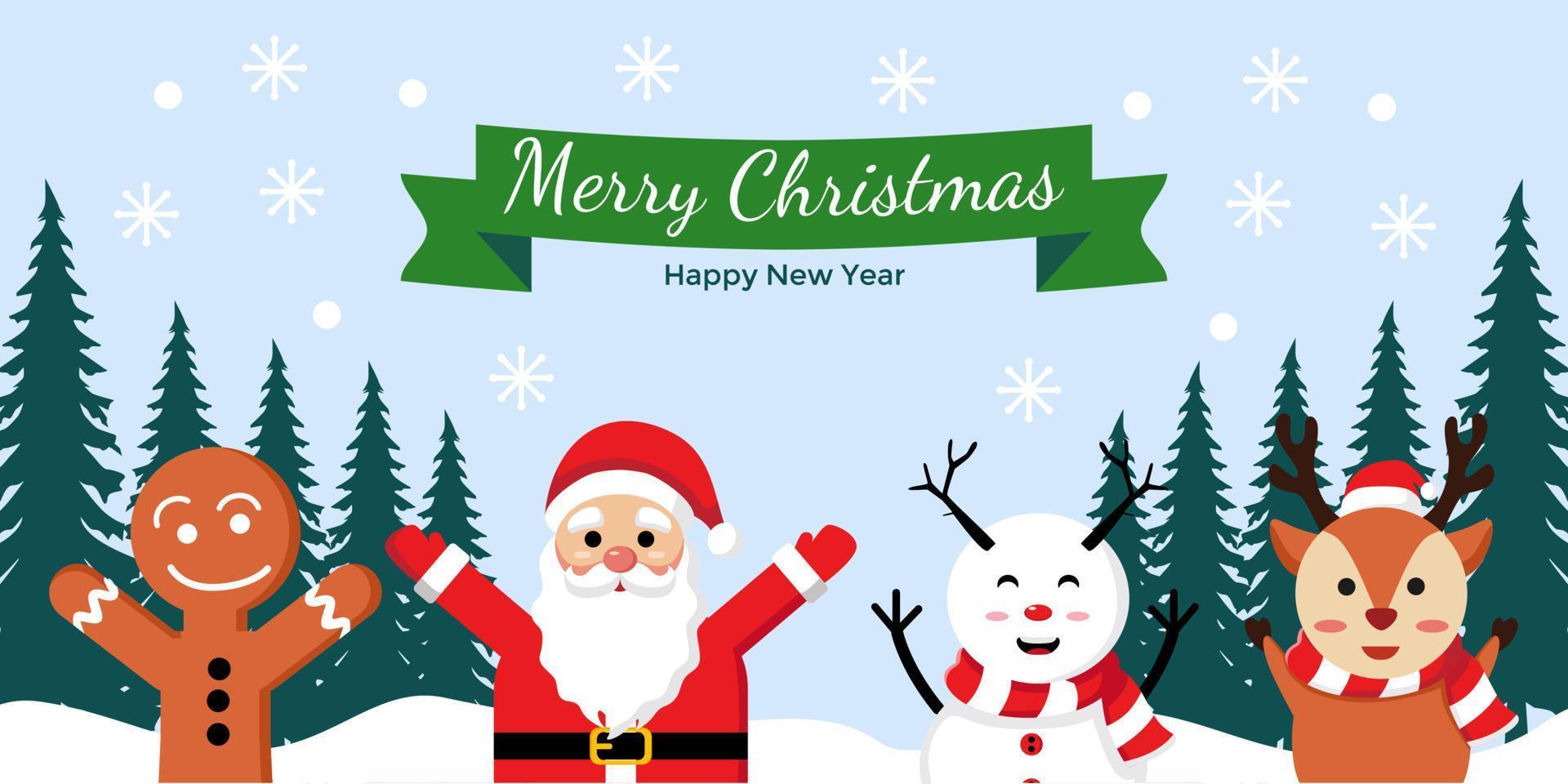 Merry christmas and happy new year banner with cute santa claus snowman and reindeer vector