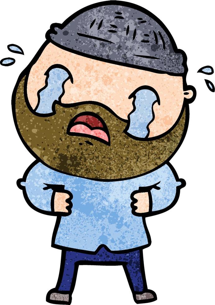 Retro grunge texture cartoon man with beard crying vector