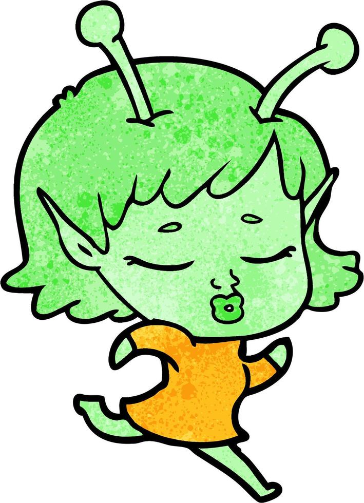 Retro grunge texture cartoon cute alien girl vector