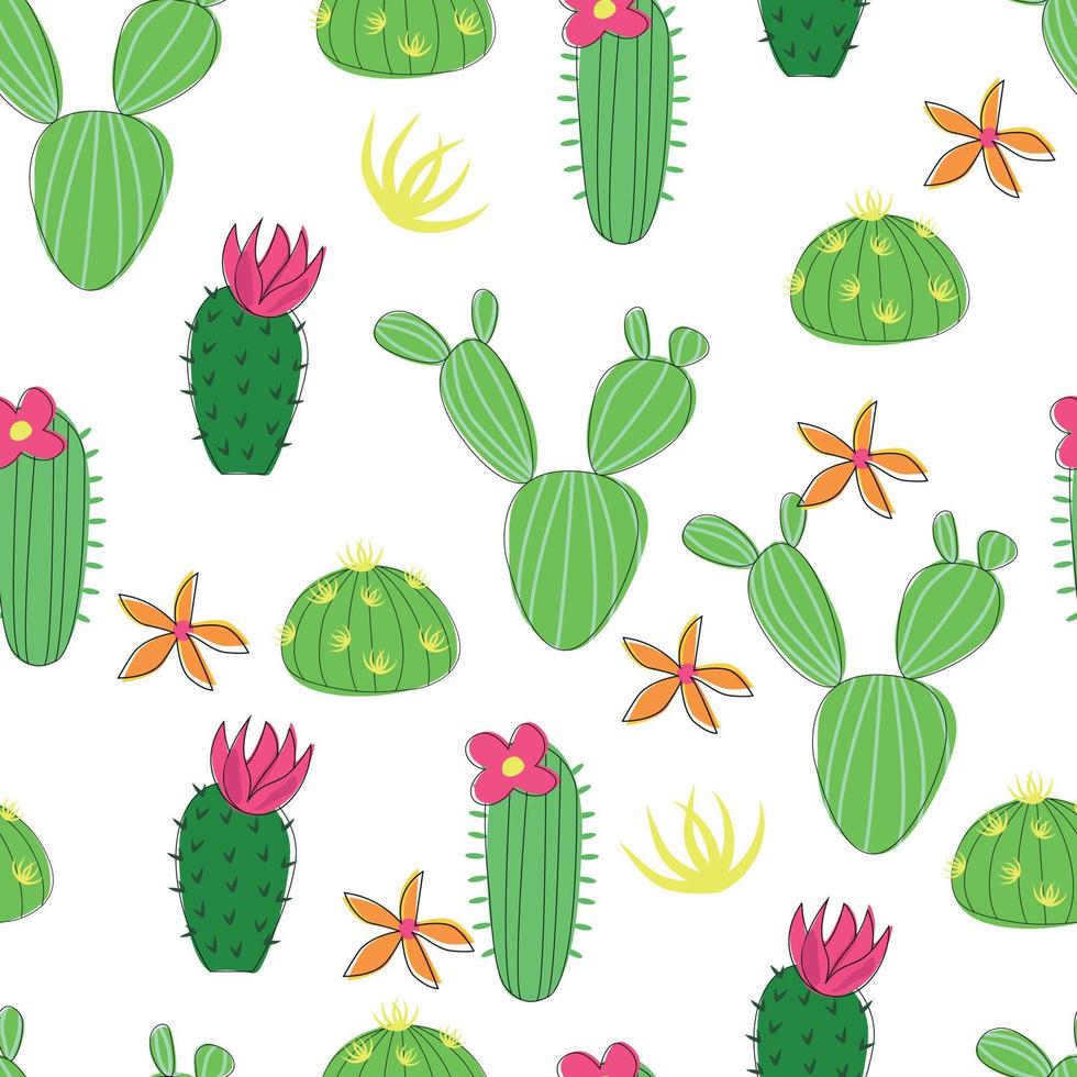 patrón de repetición sin costuras de cactus divertidos, suculentas verdes con flores sobre fondo blanco vector