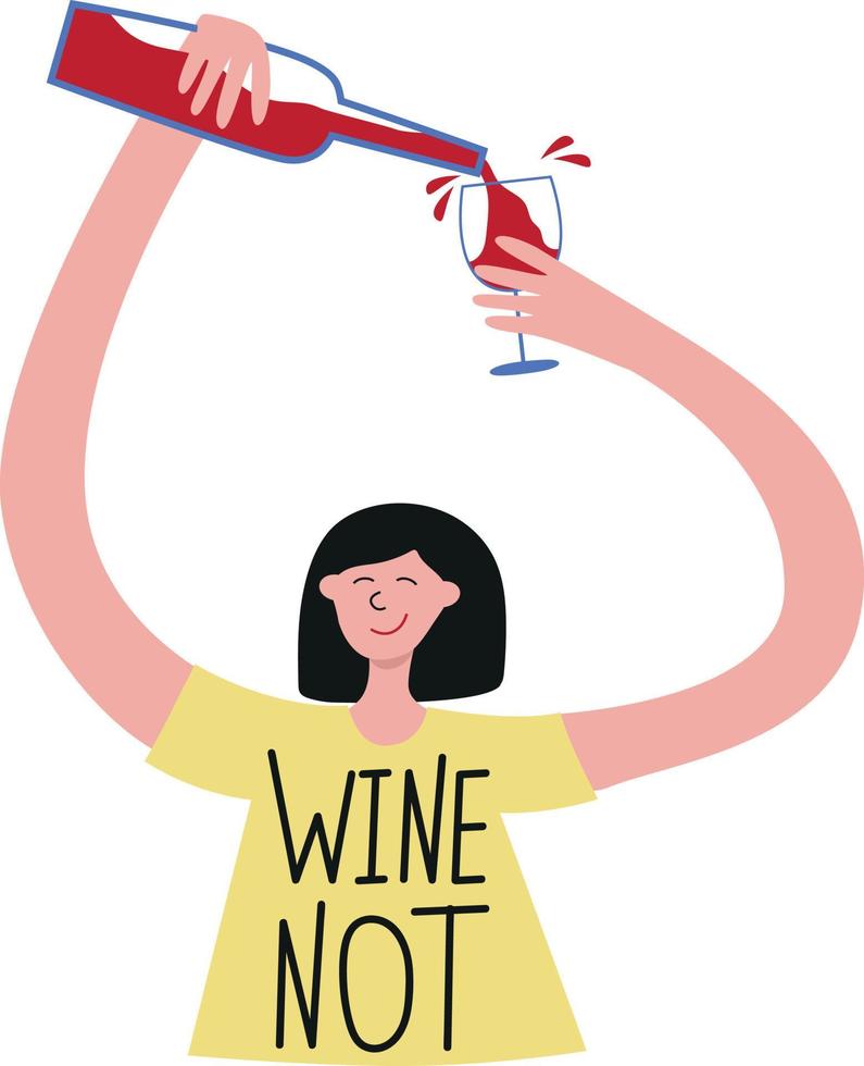 Girl pours wine into a glass, bottle of wine and cartoon girl, primitive style, vector flat design