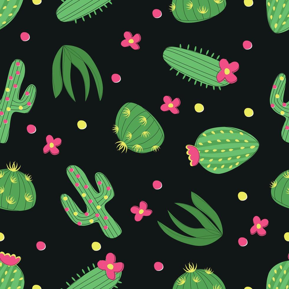 Seamless pattern cacti, chaotic pattern on a black background, succulents lineart style, flat design vector