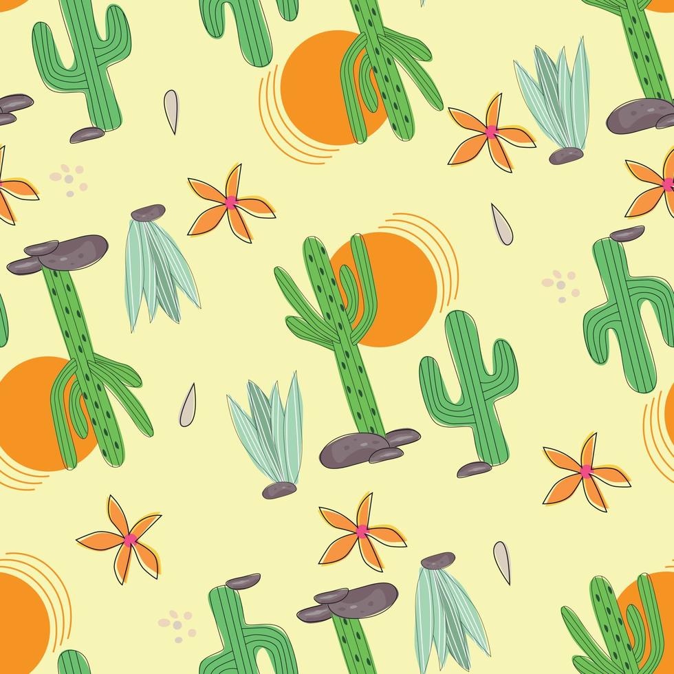 cactus en el patrón sin fisuras de la puesta del sol del desierto, cactus de dibujos animados en estilo plano, dibujo a mano de ilustración de garabatos vector