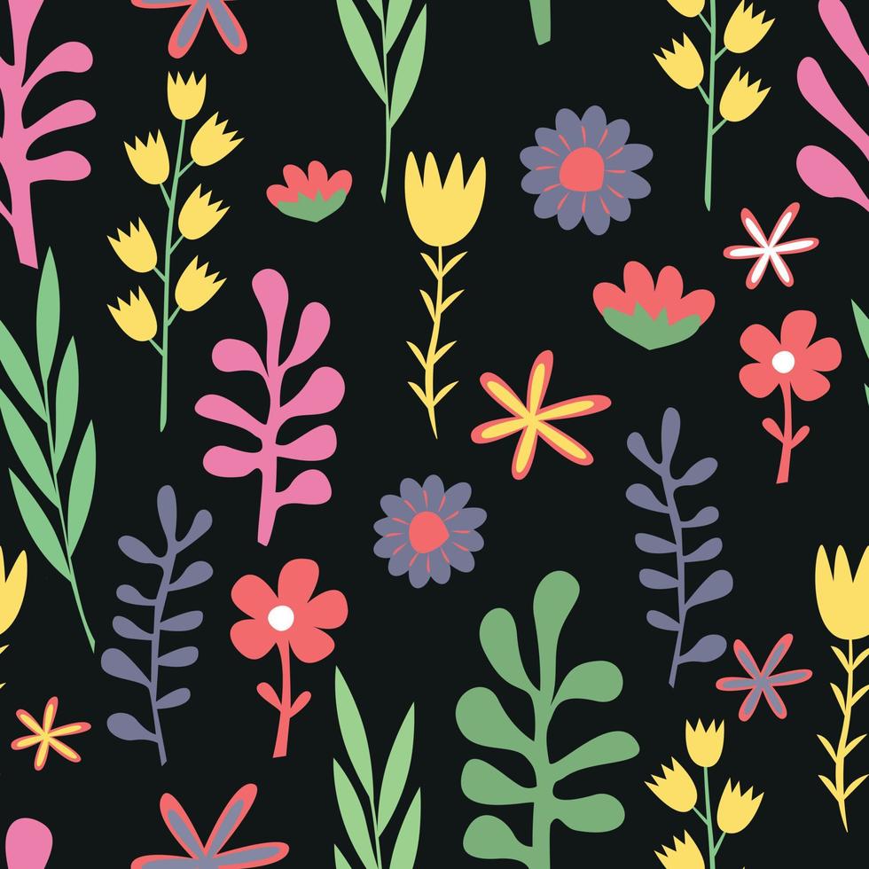 Flowers hand drawn seamless pattern, bright summer colors on black background, doodle minimalism vector