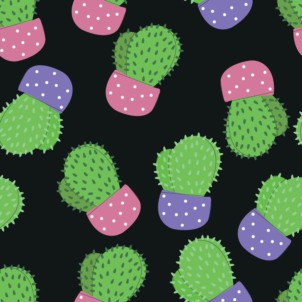 Seamless pattern cute cacti in pots, vibrant illustration in doodle style, flat vector