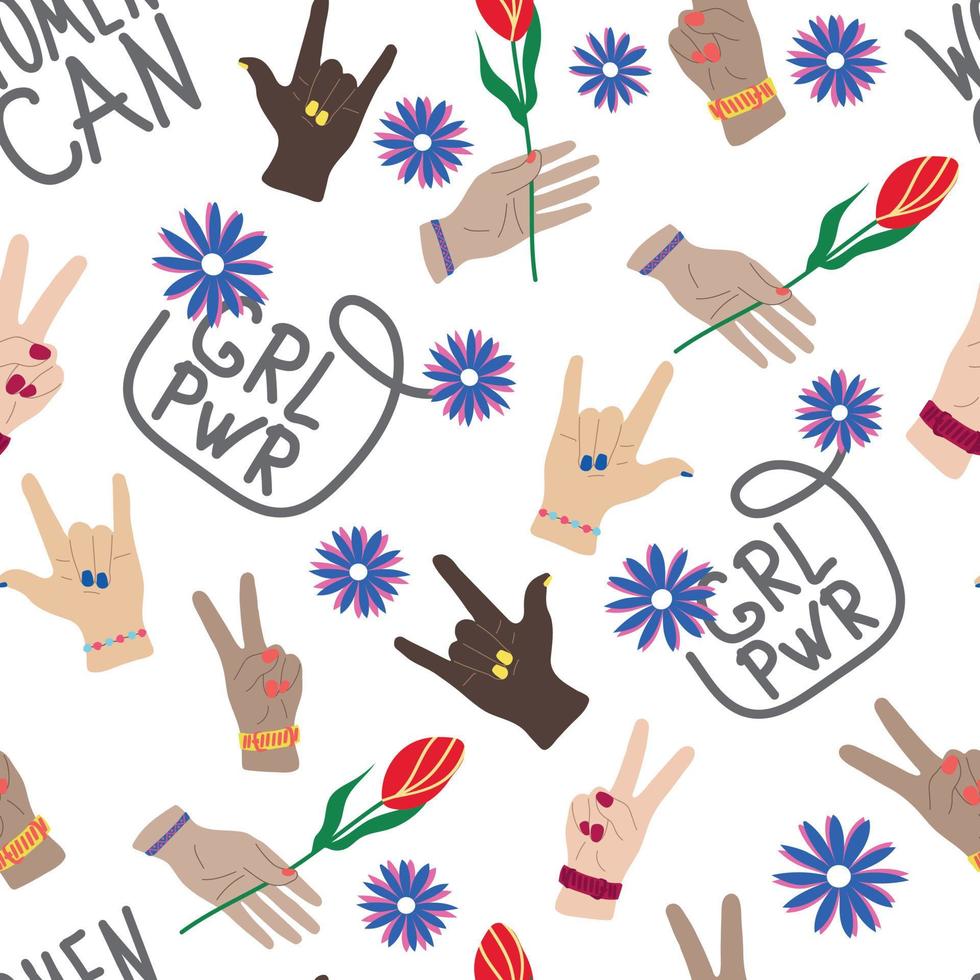 Girl power inscription seamless pattern, female hands, peace sign, rock sign, flowers minimalism vector