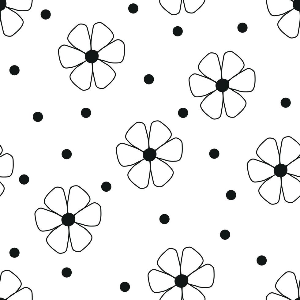 Flowers hand drawing seamless pattern, black and white doodle minimalistic vector background